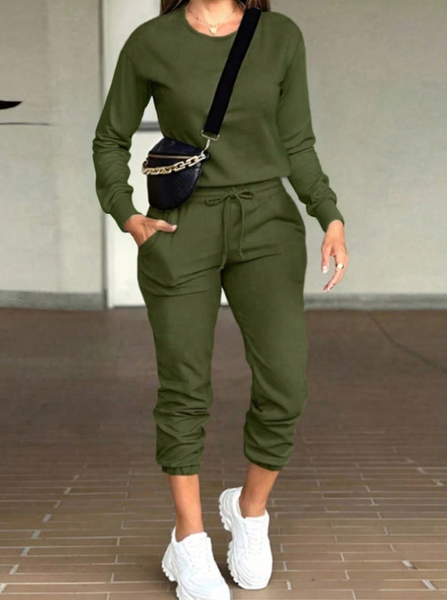 Casual Round Neck Long Sleeve Top And Pants Suit