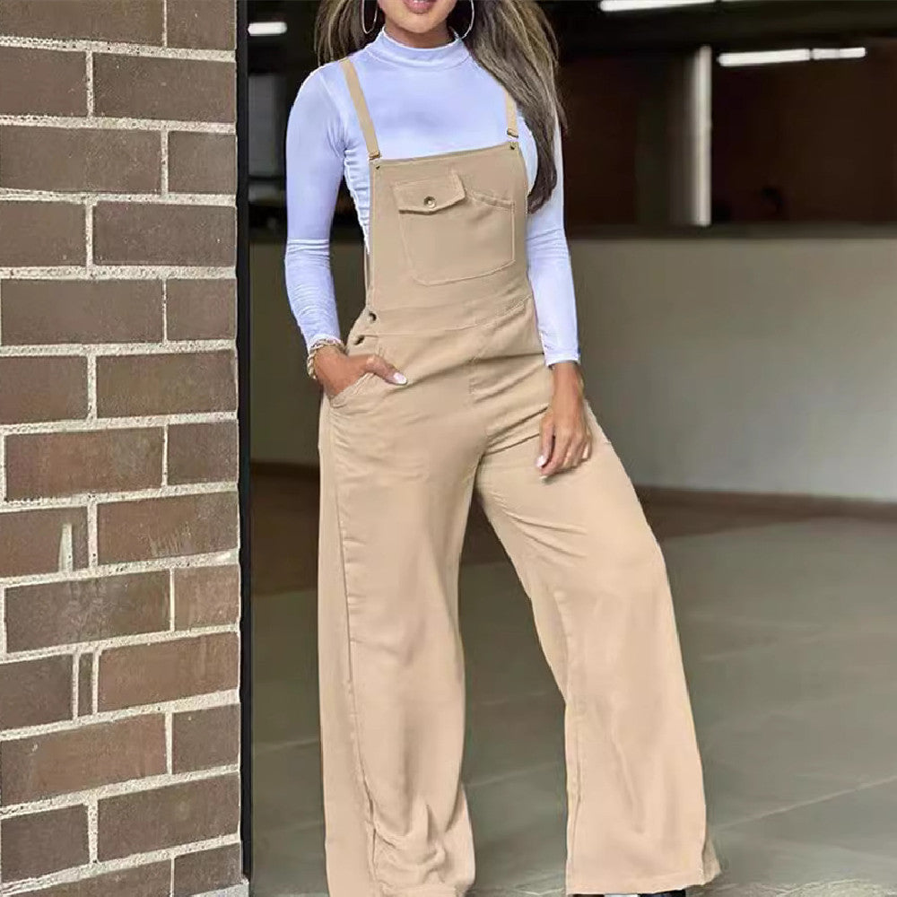 Women's Khaki Casual Suspender Wide-leg Trousers