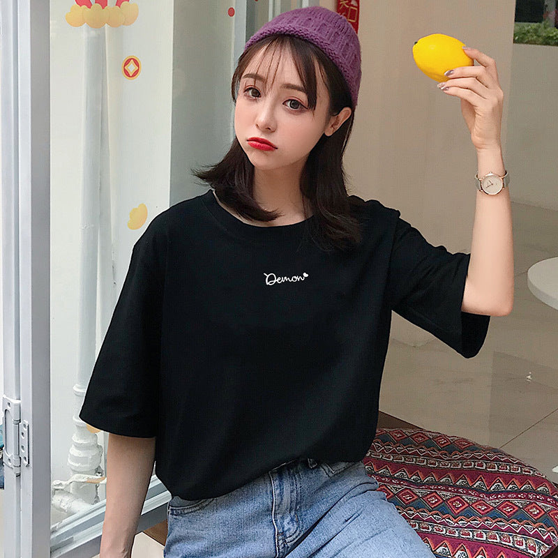 Letter Printed Cotton Half Sleeve Bottoming T-shirt