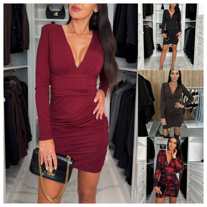 Fall V-neck Sexy Pleated Short Skirt High Waist Sheath Dress Women