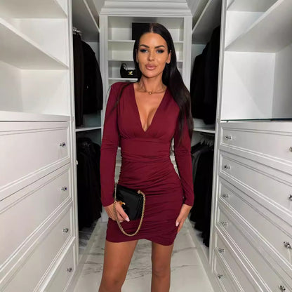 Fall V-neck Sexy Pleated Short Skirt High Waist Sheath Dress Women