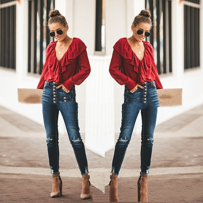 V-neck Loose Long Sleeves Chiffon Shirt