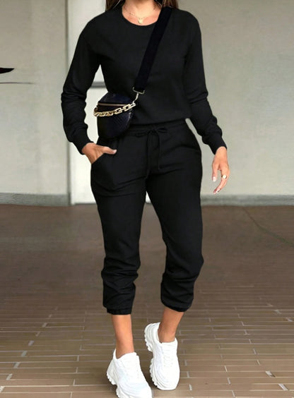 Casual Round Neck Long Sleeve Top And Pants Suit