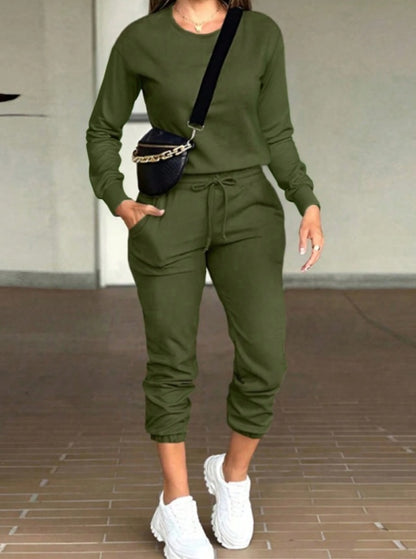 Casual Round Neck Long Sleeve Top And Pants Suit