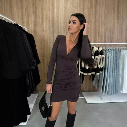 Fall V-neck Sexy Pleated Short Skirt High Waist Sheath Dress Women