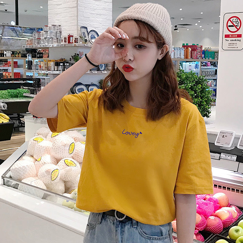 Letter Printed Cotton Half Sleeve Bottoming T-shirt