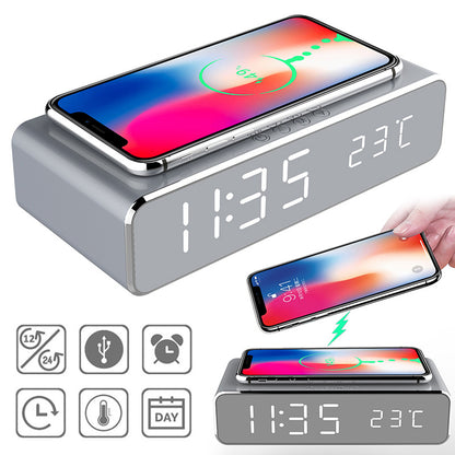LED Electric Alarm Clock With Wireless Charger Thermometer