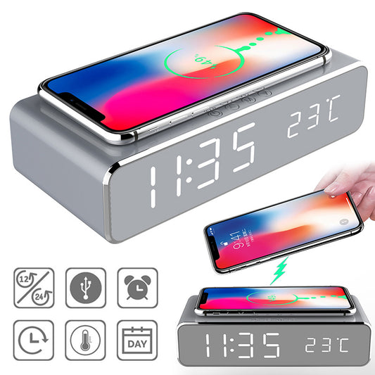 LED Electric Alarm Clock With Wireless Charger Thermometer