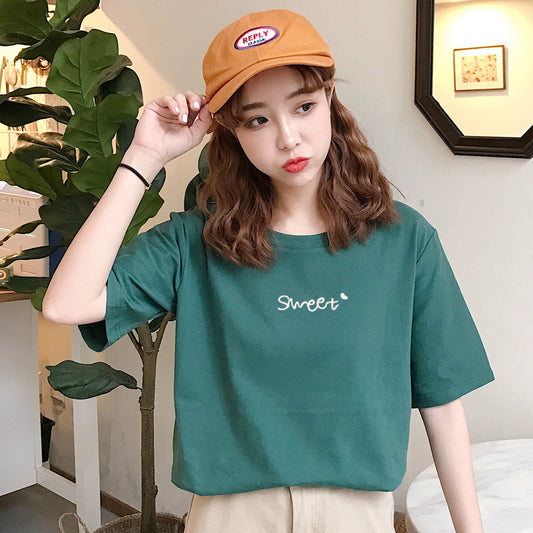 Letter Printed Cotton Half Sleeve Bottoming T-shirt
