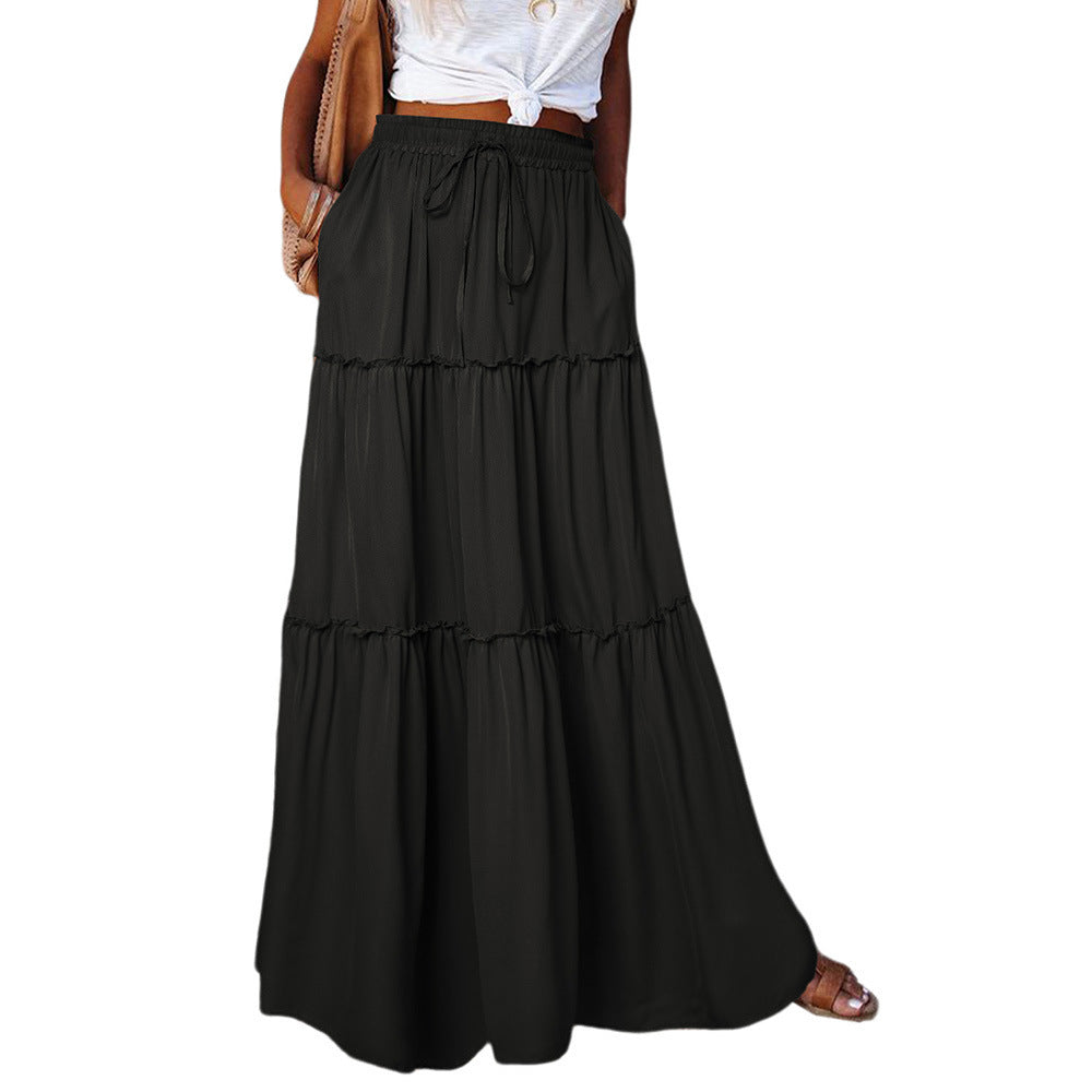 Women's Layered High Waist Elastic Lace-up Skirt