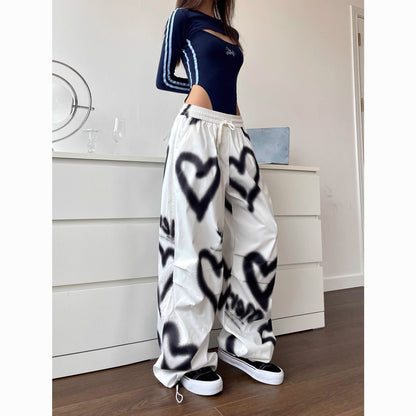 Hip Hop Heart Graffiti Elastic Waist Drawstring Wide Leg Pants