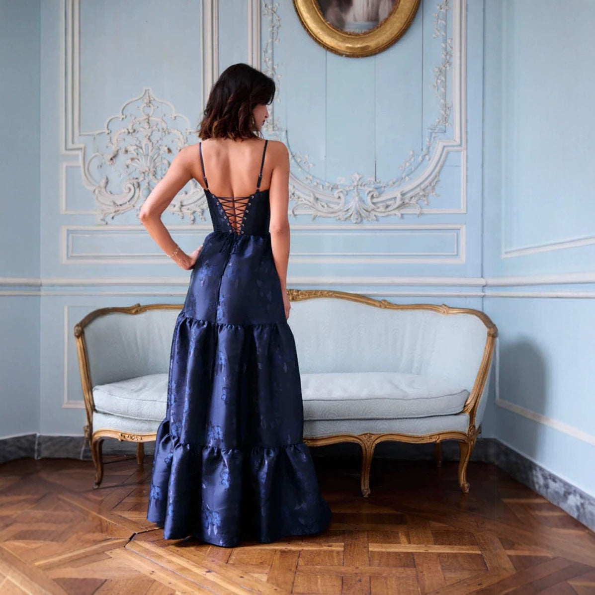 Lace-up Waist Mesh Jacquard Sling Dress