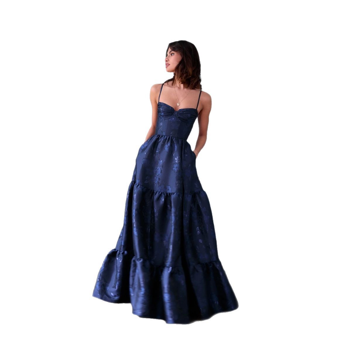 Lace-up Waist Mesh Jacquard Sling Dress