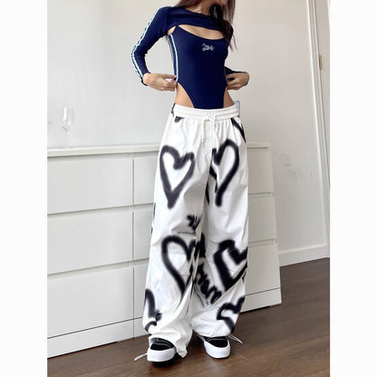 Hip Hop Heart Graffiti Elastic Waist Drawstring Wide Leg Pants