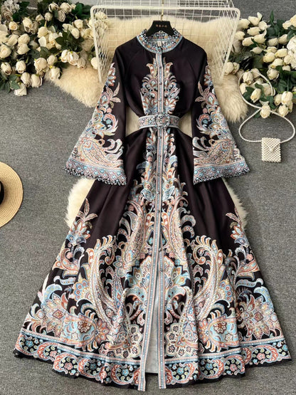 Vintage Printed Round-neck Flared Sleeves Dress