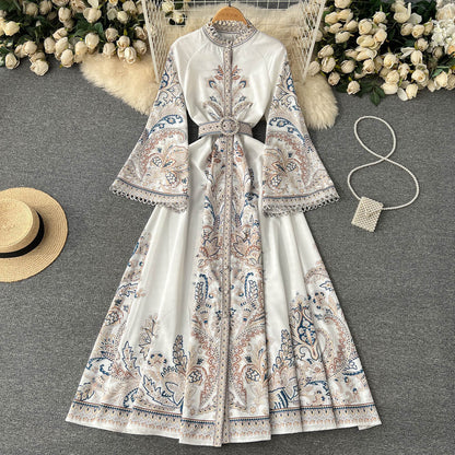 Vintage Printed Round-neck Flared Sleeves Dress