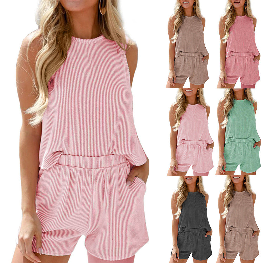 Women's Twist Strip Sleeveless Tank Top Shorts Striped Two-piece Suit