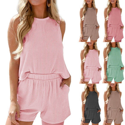 Women's Twist Strip Sleeveless Tank Top Shorts Striped Two-piece Suit