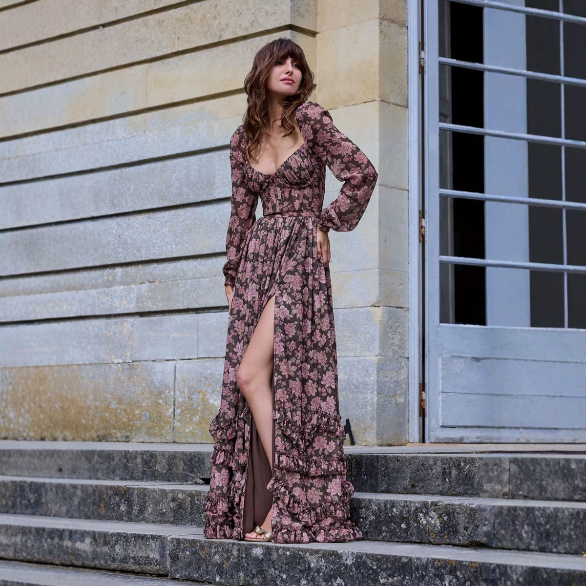 Romantic Floral V-neck Single Breasted Waist-tight Display Long Sleeve Dress