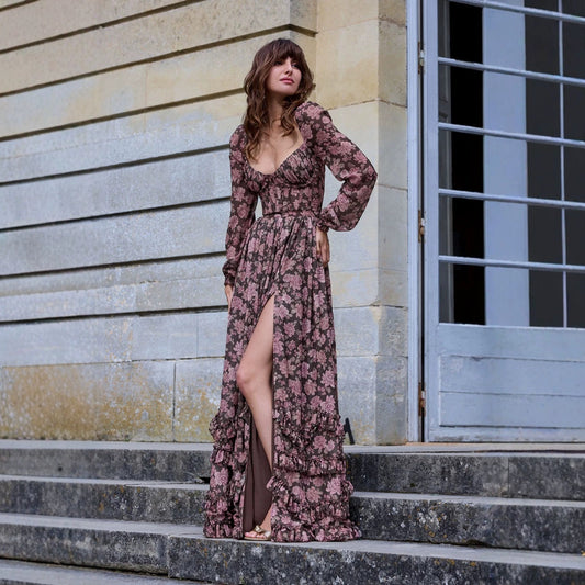 Romantic Floral V-neck Single Breasted Waist-tight Display Long Sleeve Dress