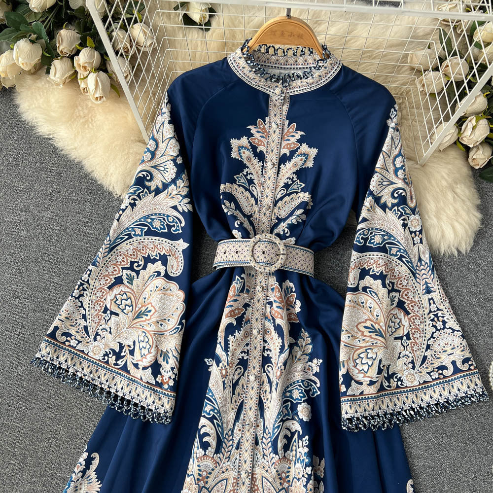 Vintage Printed Round-neck Flared Sleeves Dress