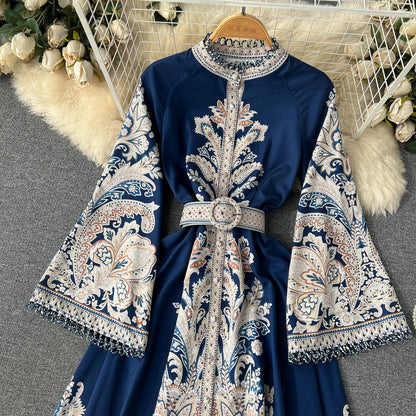 Vintage Printed Round-neck Flared Sleeves Dress