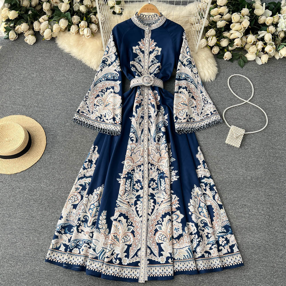 Vintage Printed Round-neck Flared Sleeves Dress