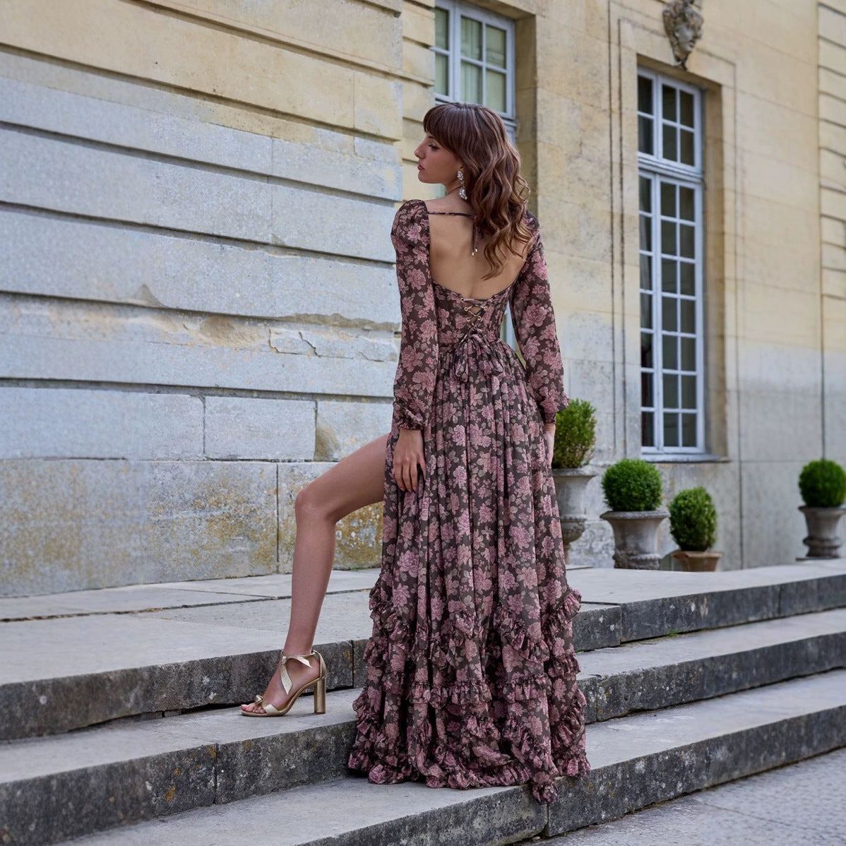 Romantic Floral V-neck Single Breasted Waist-tight Display Long Sleeve Dress