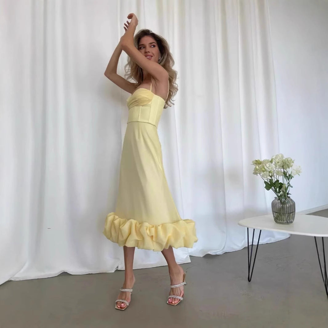 Retro Hepburn Style British Court Tight Waist Yellow Fishtail Skirt