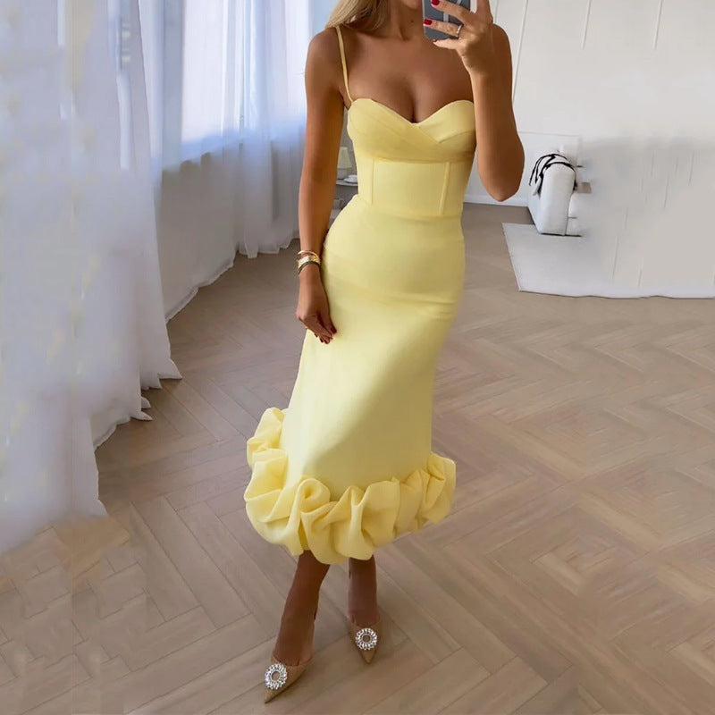 Retro Hepburn Style British Court Tight Waist Yellow Fishtail Skirt