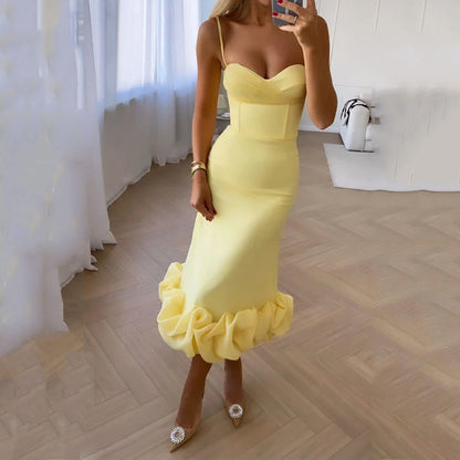 Retro Hepburn Style British Court Tight Waist Yellow Fishtail Skirt