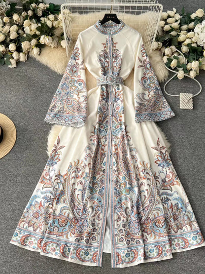 Vintage Printed Round-neck Flared Sleeves Dress