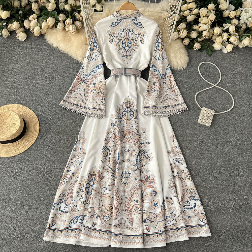 Vintage Printed Round-neck Flared Sleeves Dress