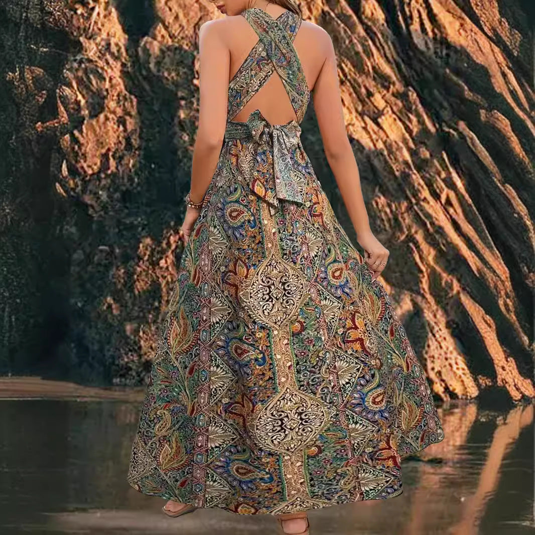 Women's Graceful And Fashionable High Waist Bohemian Backless Dress