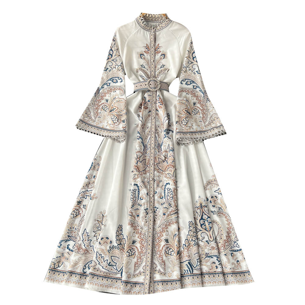 Vintage Printed Round-neck Flared Sleeves Dress