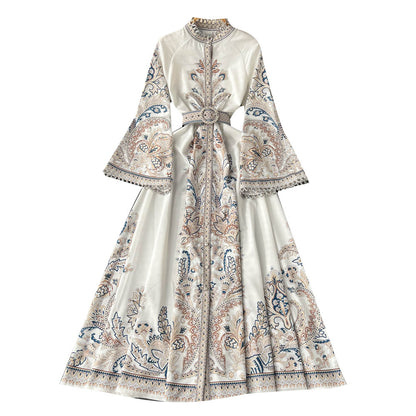 Vintage Printed Round-neck Flared Sleeves Dress