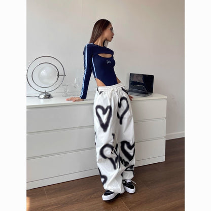 Hip Hop Heart Graffiti Elastic Waist Drawstring Wide Leg Pants