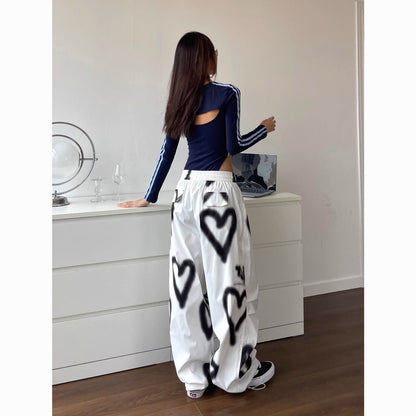 Hip Hop Heart Graffiti Elastic Waist Drawstring Wide Leg Pants