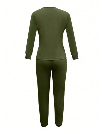 Casual Round Neck Long Sleeve Top And Pants Suit