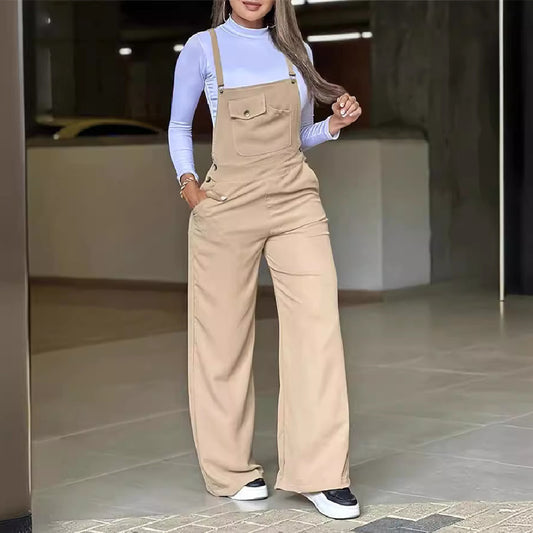 Women's Khaki Casual Suspender Wide-leg Trousers
